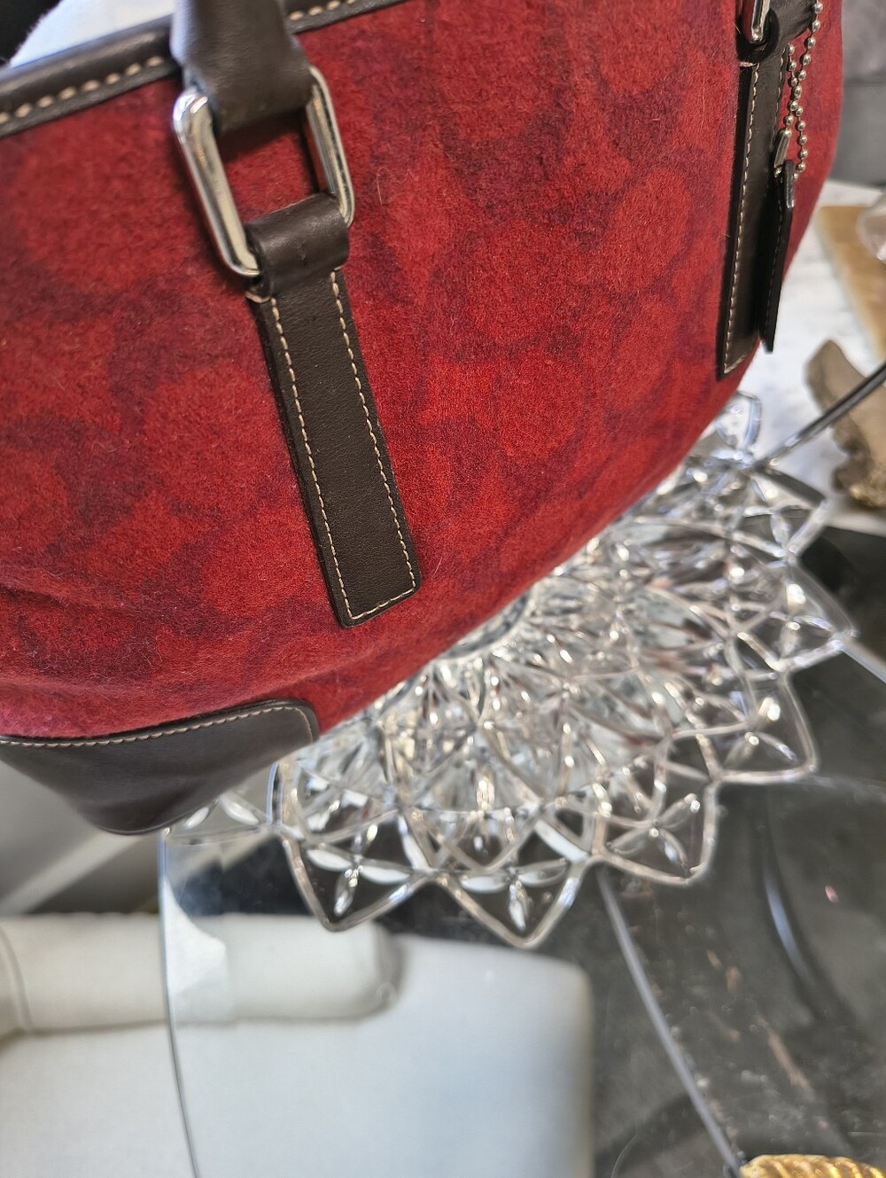 Coach Hamptons Weekend Signature Suede Tote Bag Red Brown Leather Excellent Cond - Picture 9 of 15